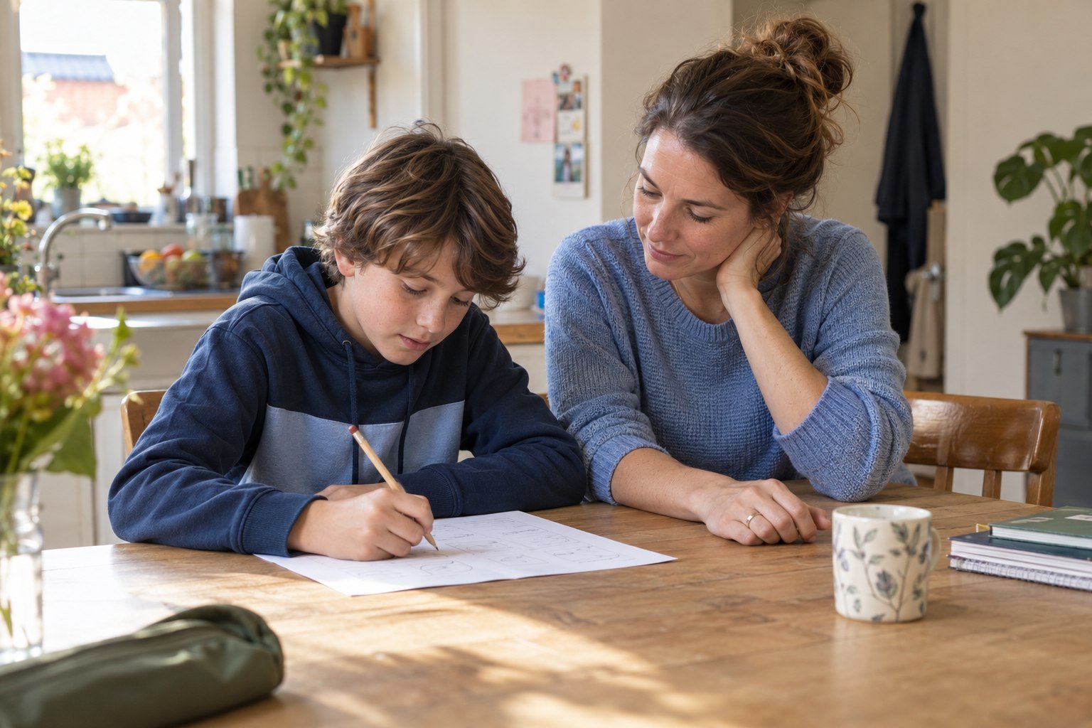 Ouder en kind oefenen samen met een werkblad aan de keukentafel.