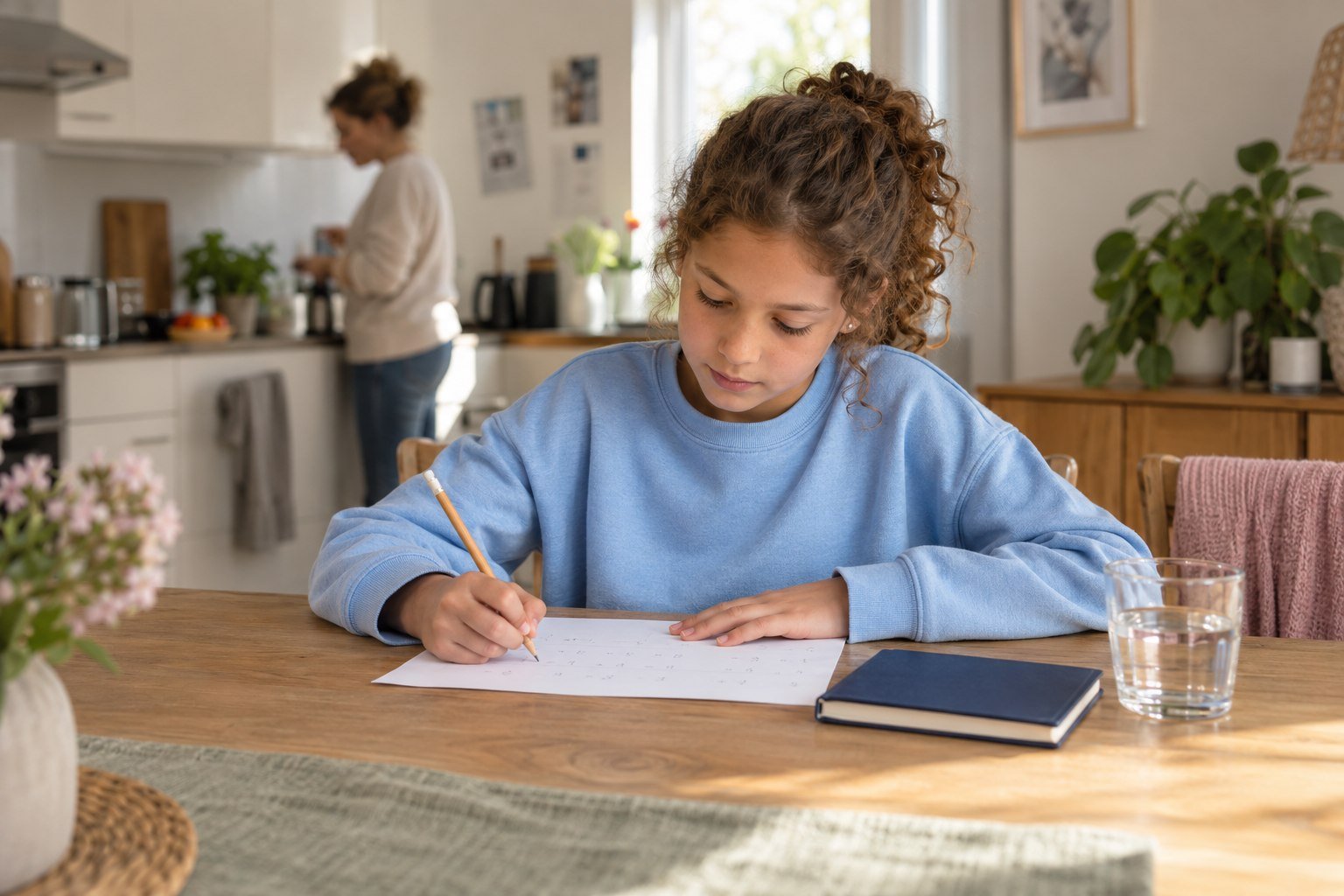 Een kind werkt zelfstandig op papier aan een tafel thuis.