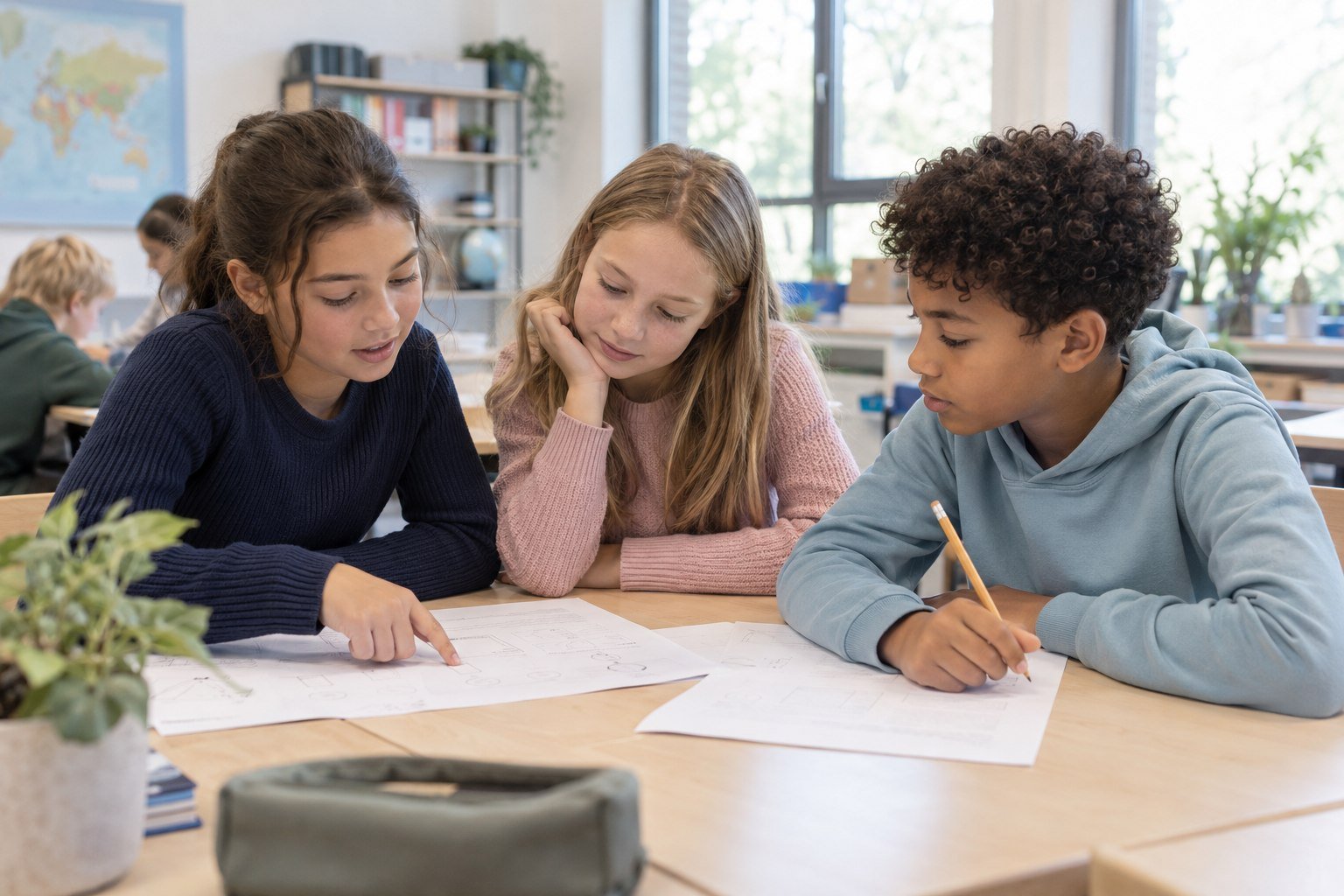 Drie leerlingen bespreken een papieren oefentaak in een lichte klas.