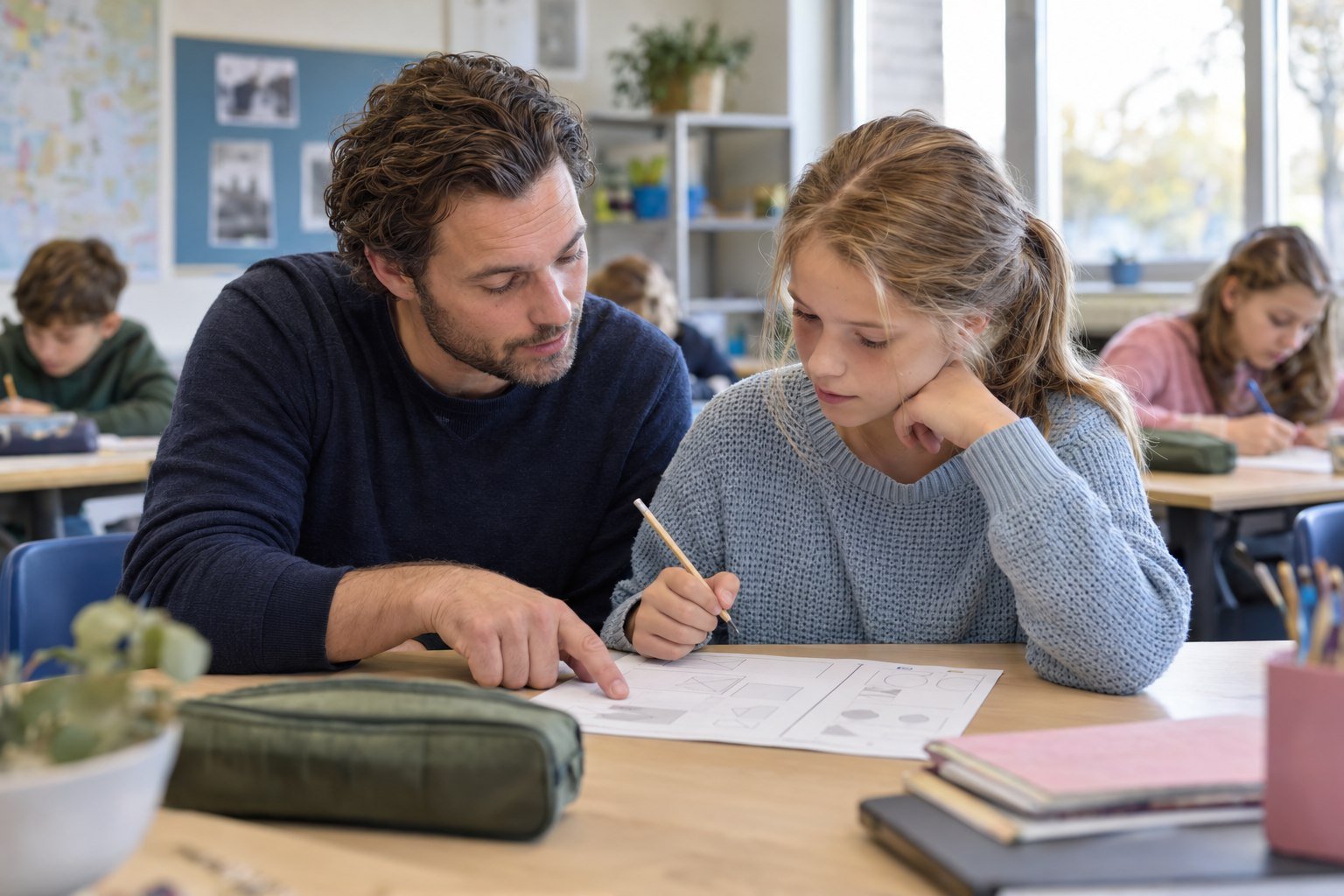 Een leraar geeft een leerling rustige uitleg bij een papieren oefentaak.