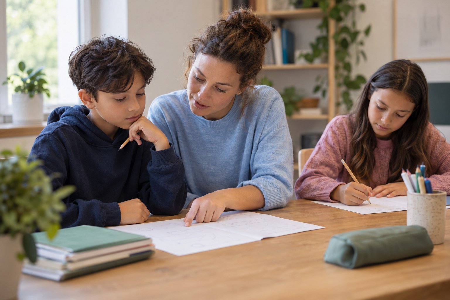 Een begeleider helpt twee kinderen die op papier oefenen.
